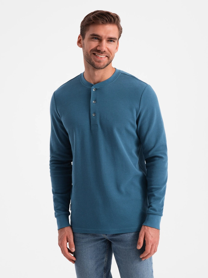 Men's waffle knit longsleeve fastened at the neck - blue denim V4 OM-LSCL-0120