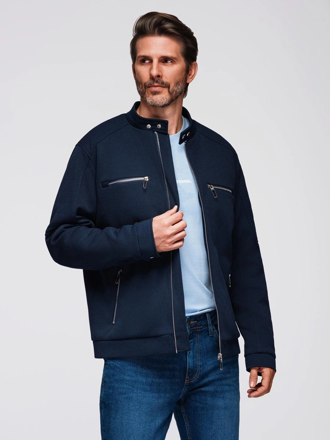 Men's biker jacket with collar and pockets - navy blue V1 OM-JALP-0157