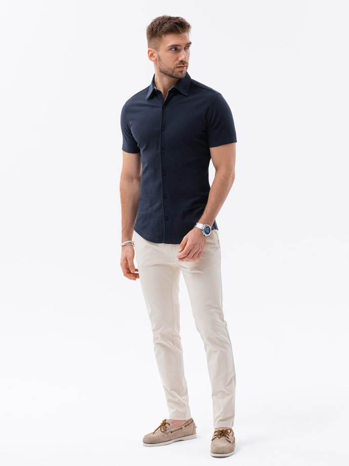 Men's slim fit knit shirt with short sleeves and collar - navy blue V2 OM-SHSS-0100