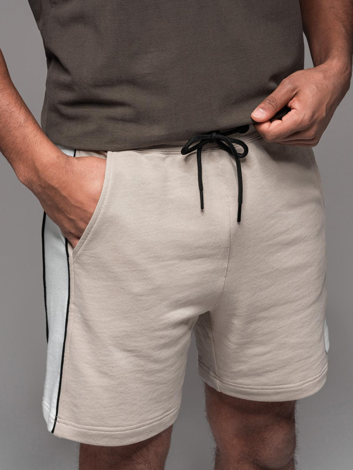 Men's short sweat shorts with wide stripes - beige V2 OM-SRSK-0182