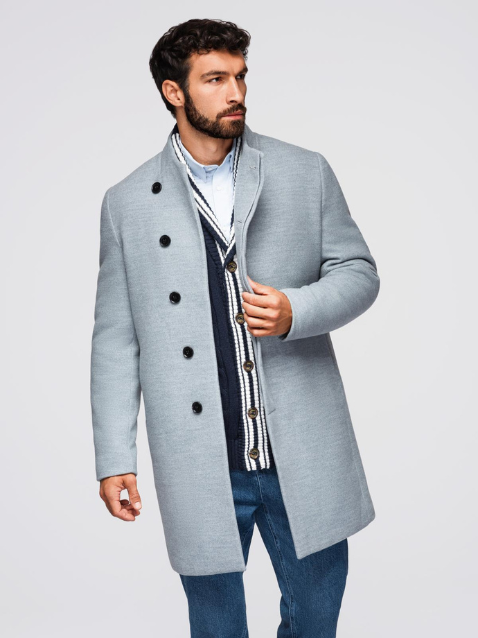 Men's coat with high collar and asymmetrical fastening - grey melange V1 OM-COWC-0141