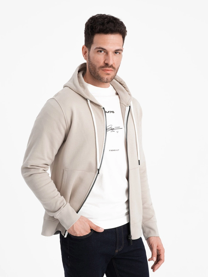 BASIC men's unbuttoned hooded sweatshirt - light beige V1 OM-SSBZ-0178