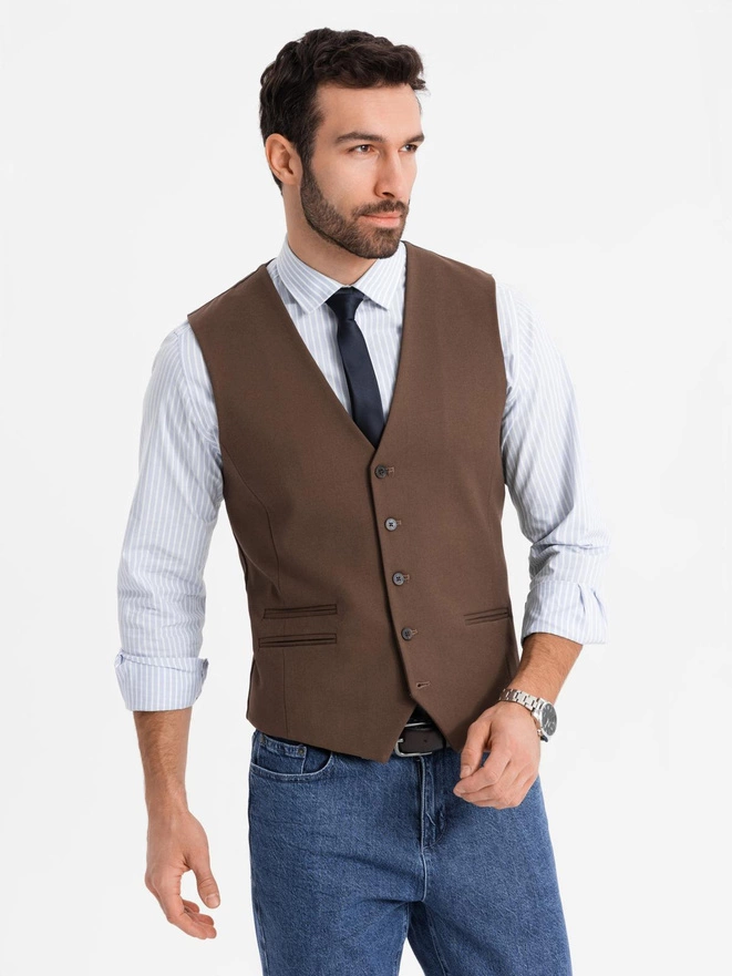 Vestă de costum pentru bărbați cu detalii clasice și căptușeală - maro V2 OM-BLZV-0142
