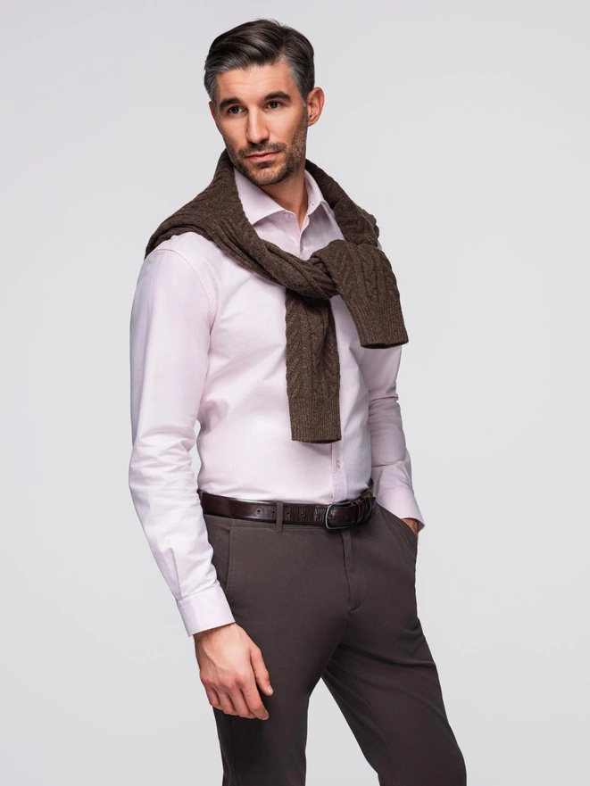 Cămașă oxford din bumbac pastel pentru bărbați - roz deschis V1 OM-SHOS-0183