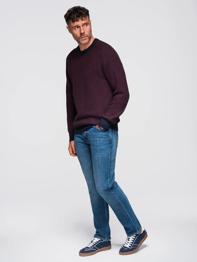 Men's contrast weave sweater with round neckline - maroon V1 OM-SWSW-0122