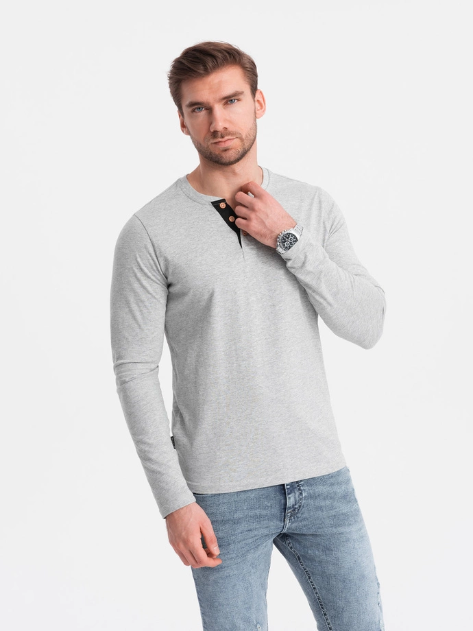 Men's longsleeve with buttons at the neckline - grey melange V8 OM-LSCL-0107