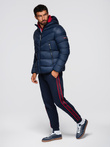 Modern men's quilted jacket of combined materials - navy blue V2 OM-JAHP-0303