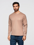 Men's cotton longsleeve with striped U neckline and embroidery - brown V6 OM-LSCL-0128