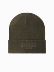 Men's knitted beanie cap with embroidered inscription - olive V5 OM-ACWH-0120