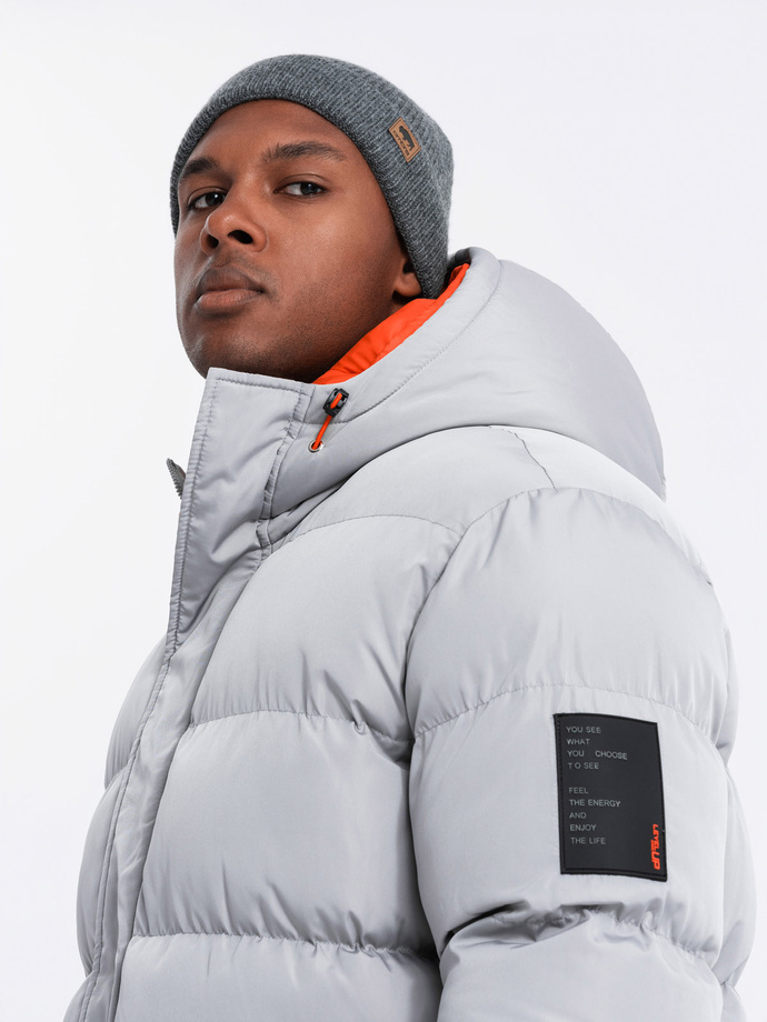 Men's sports warm jacket with double hood - grey V3 OM-JAHP-0208