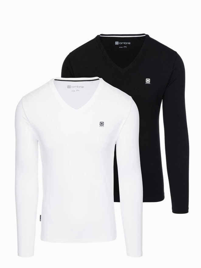 Vyriškų SLIM FIT ilgų rankovių rinkinys su V formos iškirpte ir logotipu 2 vnt. - baltos/juodos spalvos mišinys V2 Z103
