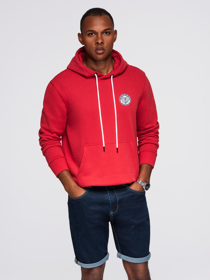 Men's kangaroo sweatshirt with hood and college style patch - red V1 OM-SSNZ-0144