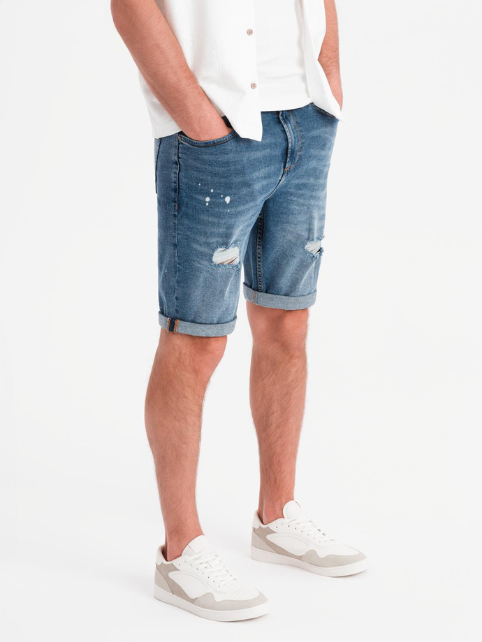 Men's short denim shorts with rubbing and rolled up leg - blue V2 OM-SRDS-0186