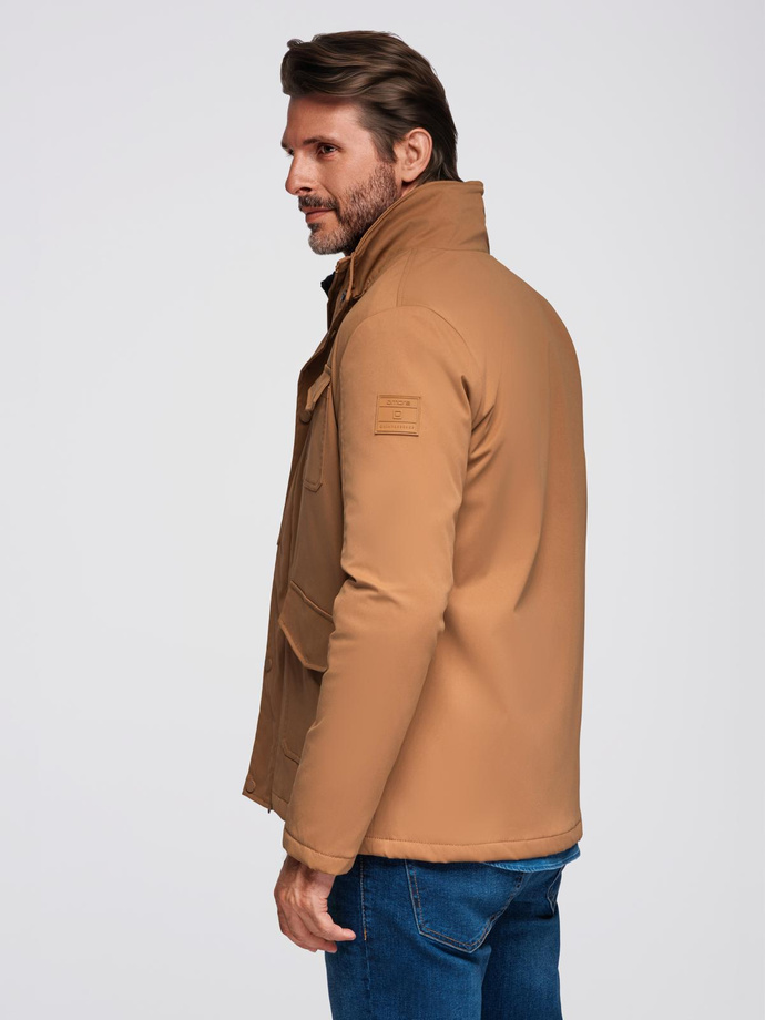 Men's lightweight jacket with pockets and high collar - brown V5 OM-JALP-0167