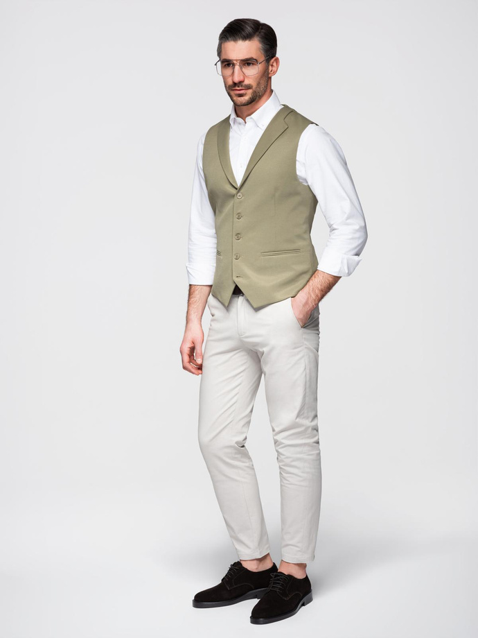 Fitted men's structured knit vest with lapels - olive V1 OM-BLZV-0144