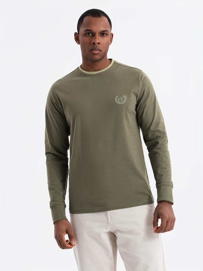 Men's cotton longsleeve with U neckline with stripes and embroidery - olive V1 OM-LSCL-0128