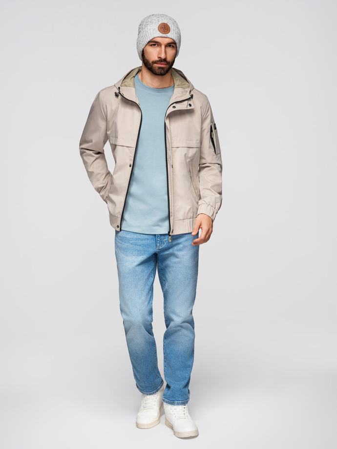 Functional men's transitional jacket with hood - beige V3 OM-JANP-0225