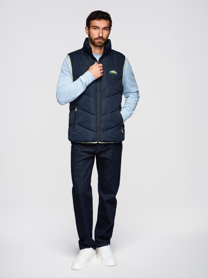 Men's quilted sleeveless jacket with neon accents - navy blue V3 OM-JAVJ-0210