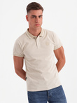 Men's melange polo shirt with striped collar - sand V4 OM-POSS-0109