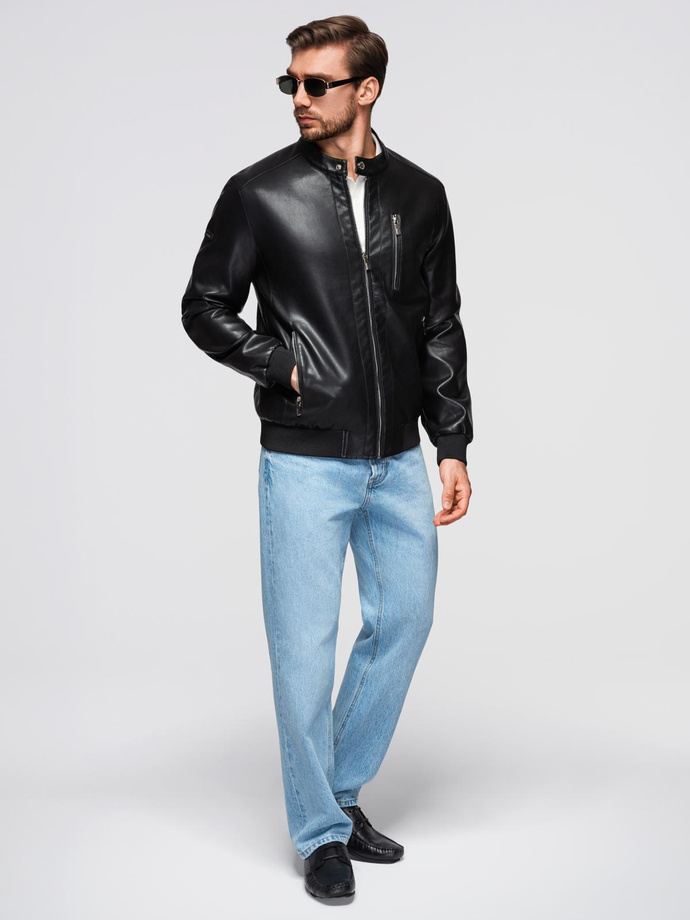 Vyriška dirbtinės odos striukė su briaunuotais kraštais - juoda V2 OM-JAFL-0109