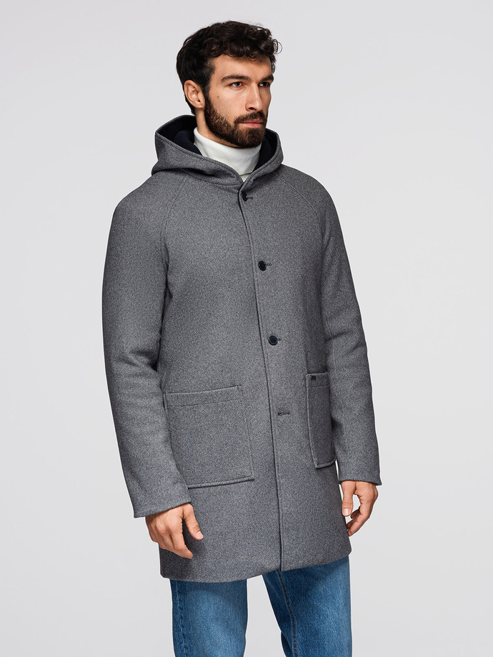 Men's melange long coat with hood - grey V1 OM-COWC-0122