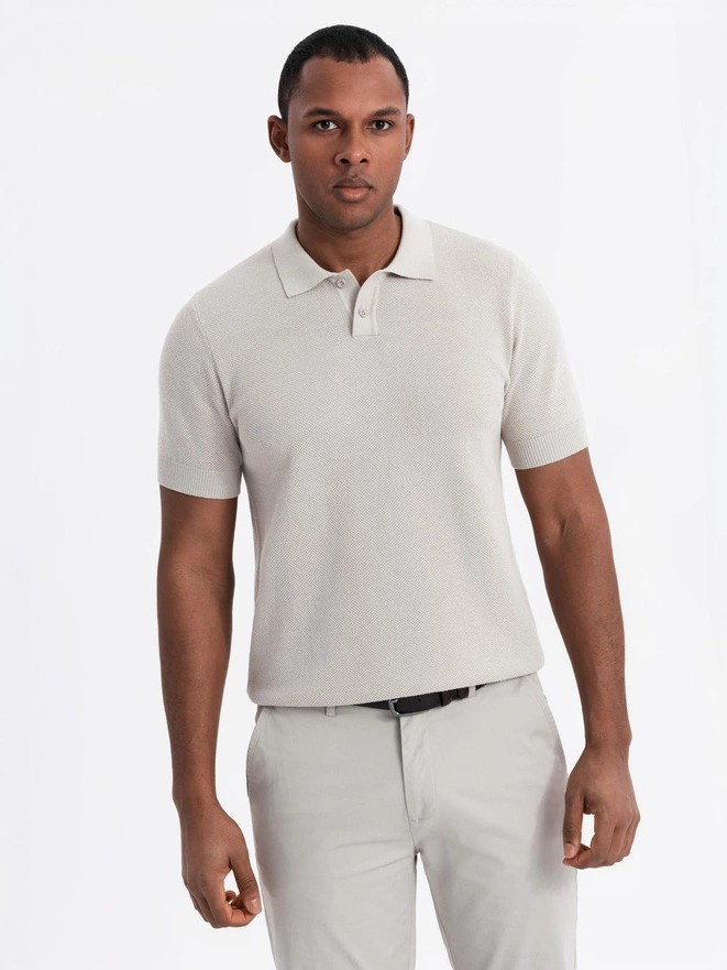 Men's cotton structured knit polo shirt - beige V6 OM-POSS-0117