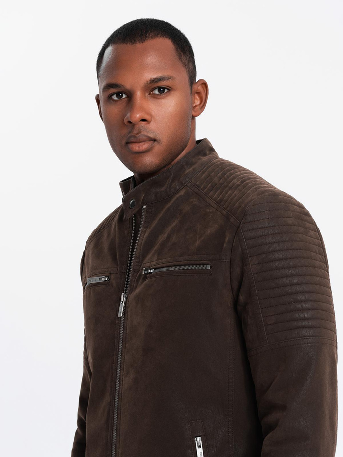 Men's retro biker jacket with stand-up collar - brown V1 OM-JAFL-0197