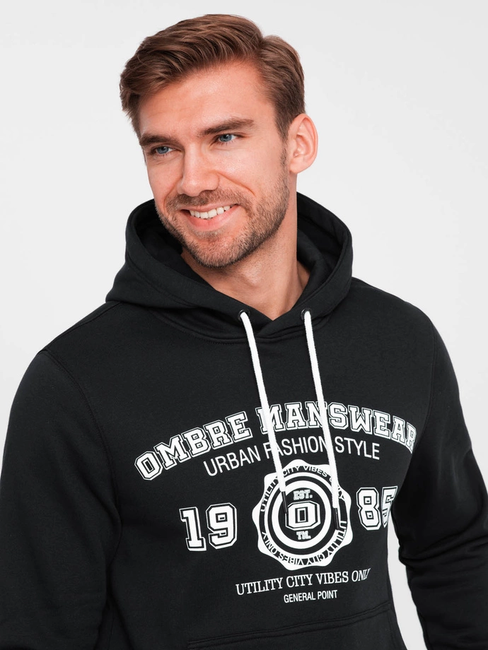Men's kangaroo hoodie with college style print - black V3 OM-SSPS-0143