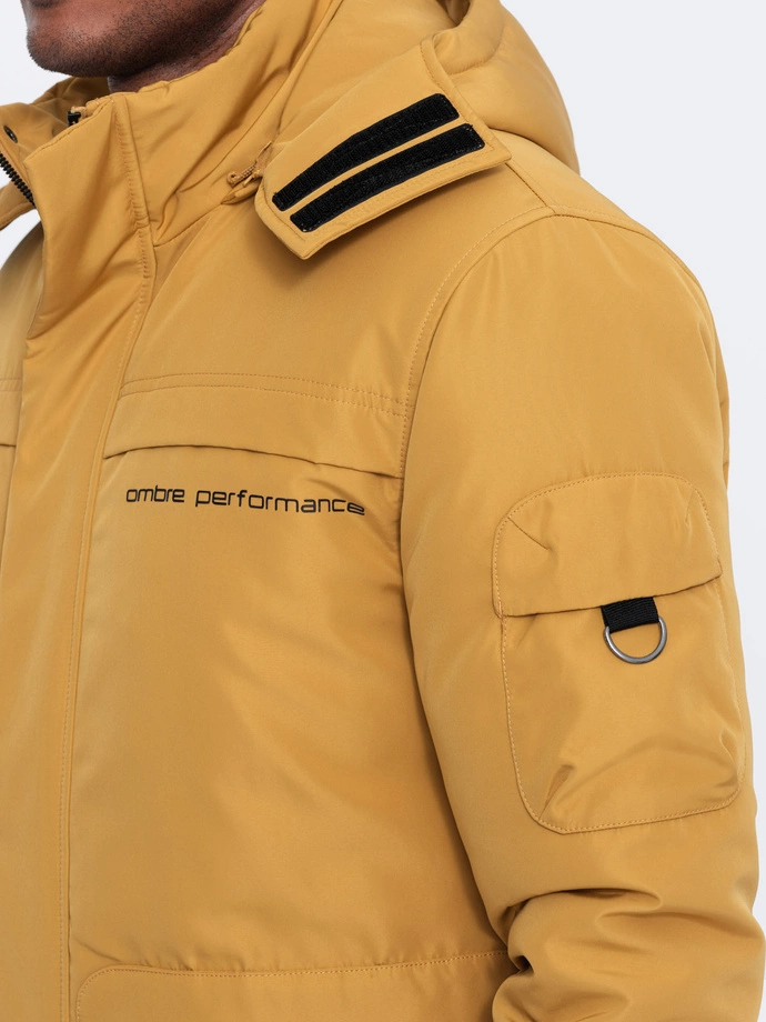 Men's insulated jacket with hood - mustard V2 OM-JAHP-0128