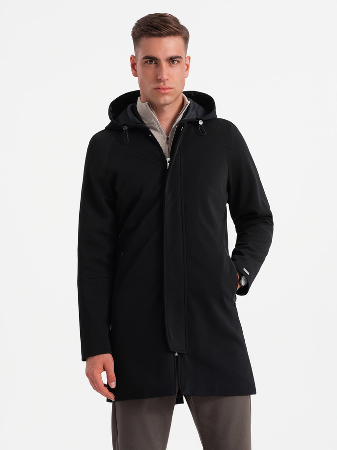 Men's hooded coat in fine pinstripe - black V2 OM-COSC-0112