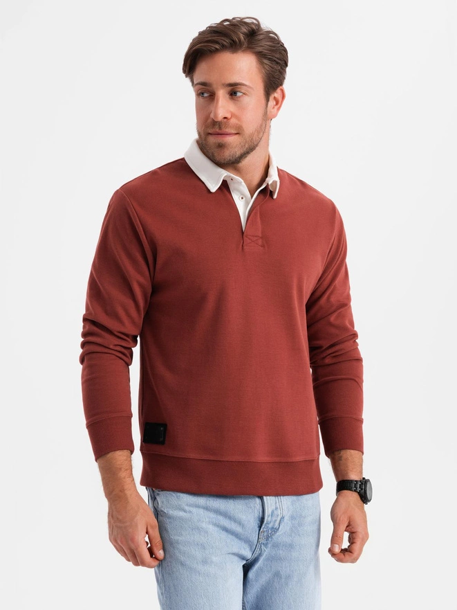 Men's sweatshirt with white polo collar - maroon V3 OM-SSNZ-0132