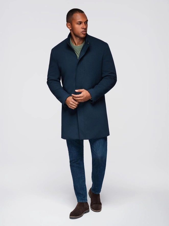 Men's coat with asymmetrical fastening and high collar - light brown V4 OM-COWC-0120