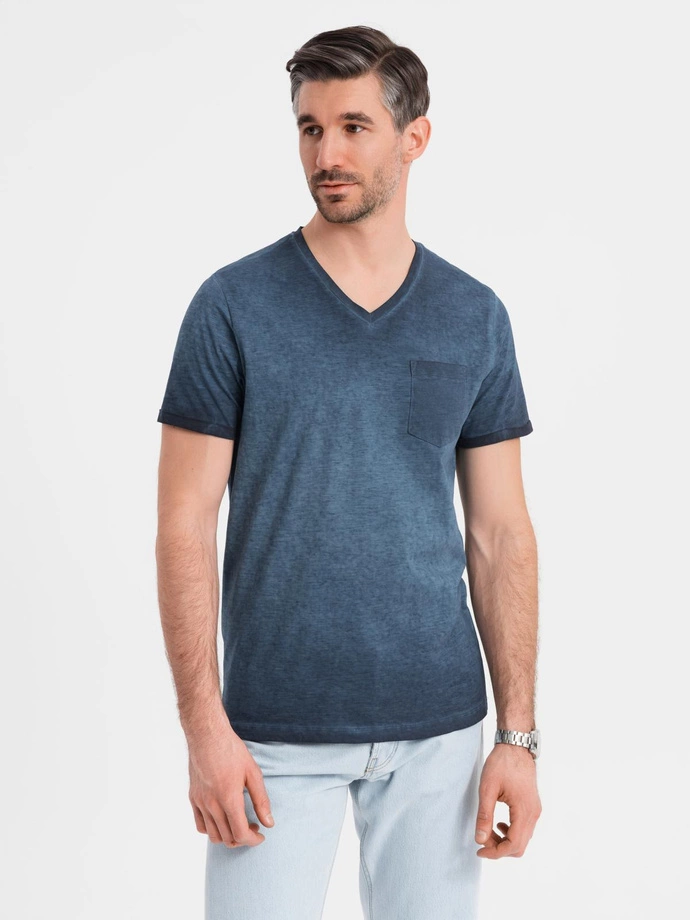 Tricou bărbătesc din bumbac cu logo dublu imprimat - albastru marin V3 OM-TSPT-0211