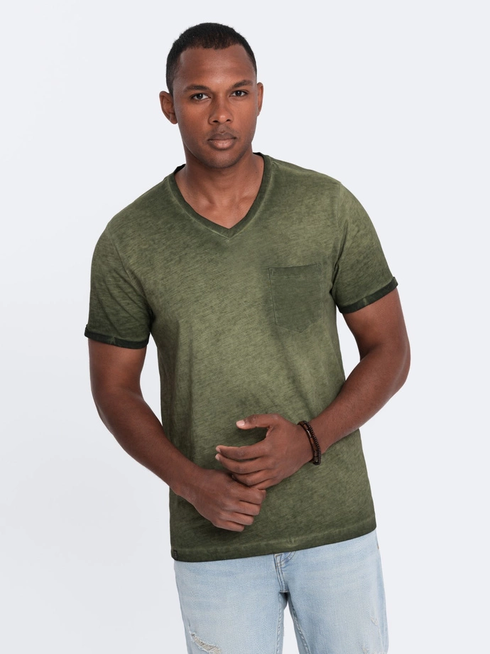 Tricou bărbătesc cu guler în V cu buzunar - olive V9 OM-TSCT-22SS-002