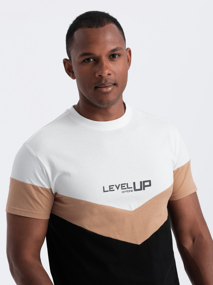 Tricou bărbătesc din bumbac cu logo tricolor - negru și maro V3 S1747