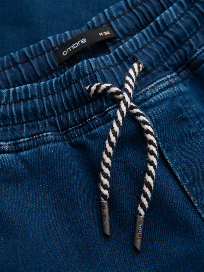 Pantaloni jogger din denim pentru bărbați cu talie cu nervuri - albastru închis V3 OM-PADJ-0242
