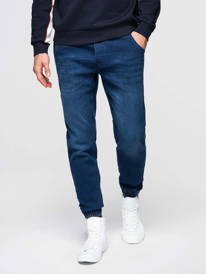 Pantaloni jogger din denim pentru bărbați cu talie cu nervuri - albastru închis V3 OM-PADJ-0242