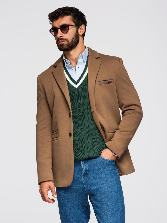Men's knitted jacket with a fitted cut - light brown V4 OM-BLZB-0100