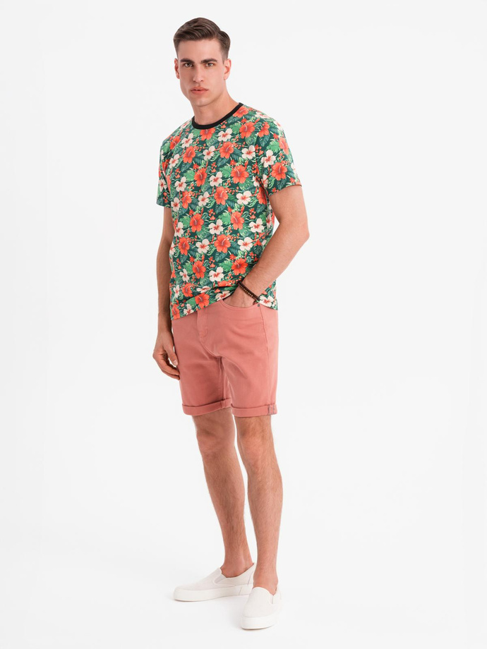 Men's denim classic shorts with rolled up leg - coral V6 OM-SRDS-0162