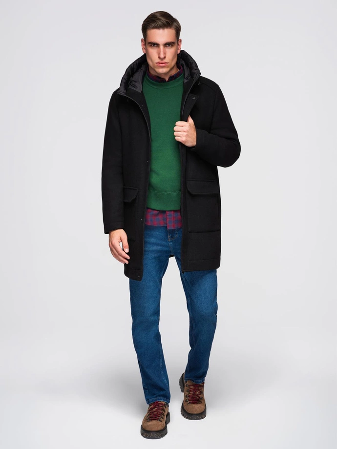 Pánský vlněný kabát parka s kapucí - černý V1 OM-COWC-0132