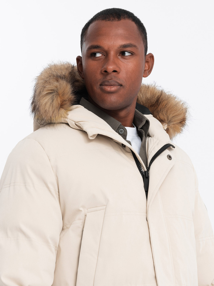 Men's long parka jacket with flared bottom - cream V1 OM-JALJ-0184