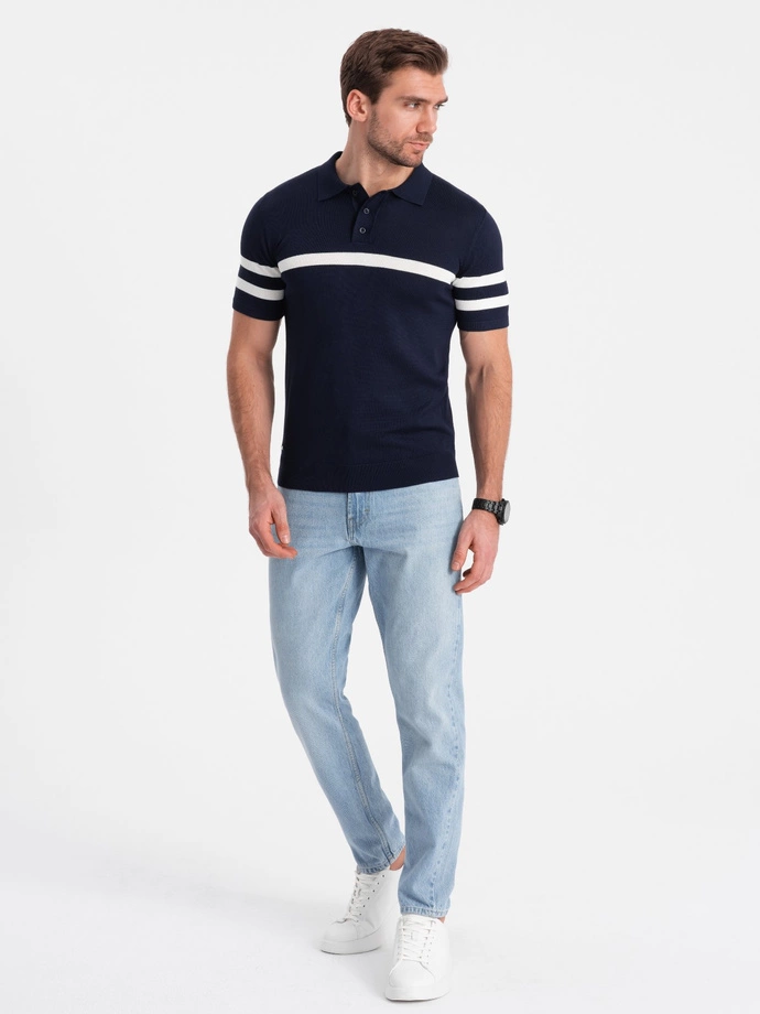 Tricou polo bărbătesc din tricot moale cu dungi contrastante - albastru marin V2 OM-POSS-0118