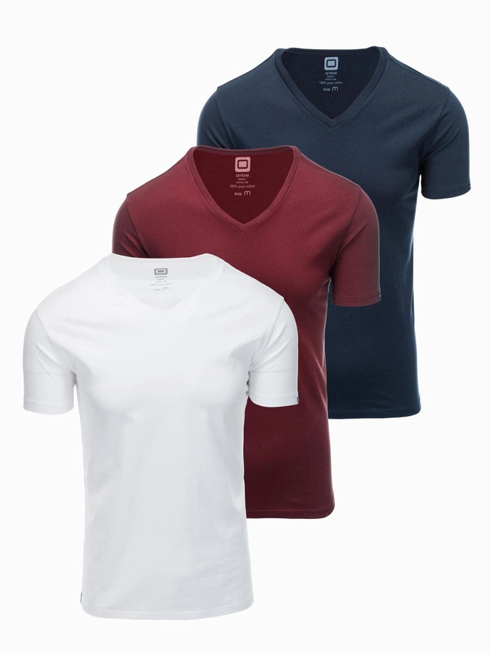 Set tricou bărbătesc BASIC din bumbac cu decolteu în V - alb/albastru/maroon V13 OM-TSBS-0233 