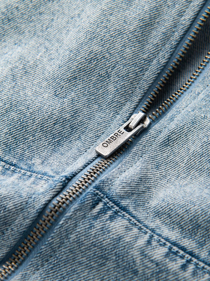 Jachetă bomber din denim pentru bărbați cu efect de spălare cu pietre - albastru deschis V3 OM-JADJ-0163
