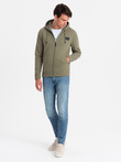 Unzipped men's sweatshirt with hood and patch - olive V4 OM-SSZP-0140