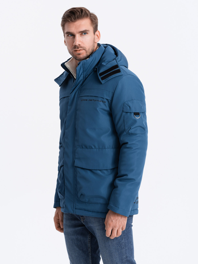 Men's insulated jacket with hood - dark blue V4 OM-JAHP-0128