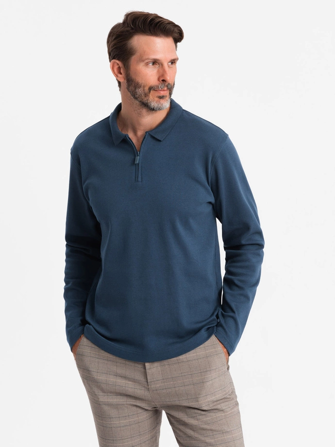 Men's polo longsleeve with zippered collar - navy blue V7 OM-POLS-0130