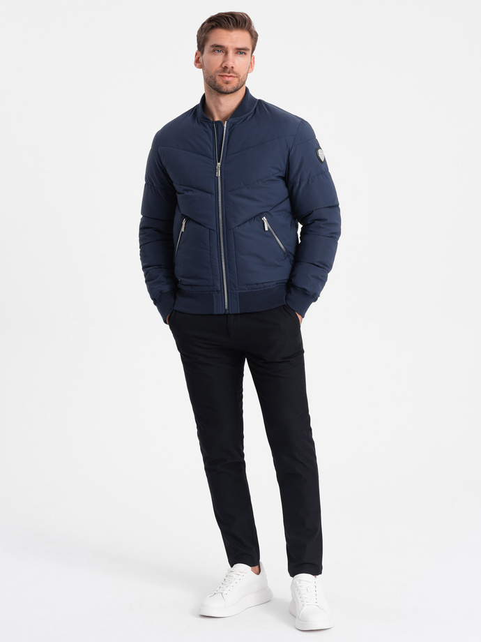 Men's quilted bomber jacket with metal zippers - navy blue V2 OM-JALP-0143