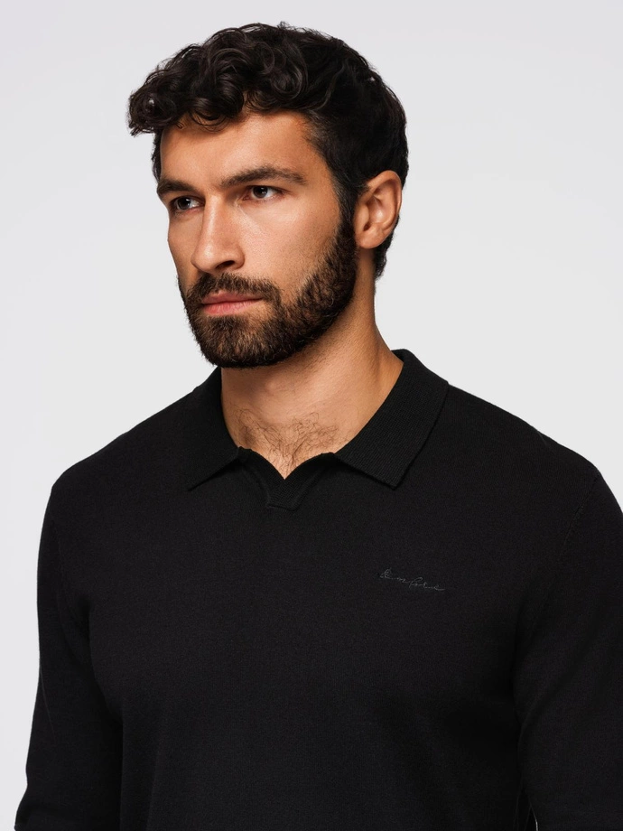 Men's polo sweater with embroidery on chest - black V1 OM-POLS-0140