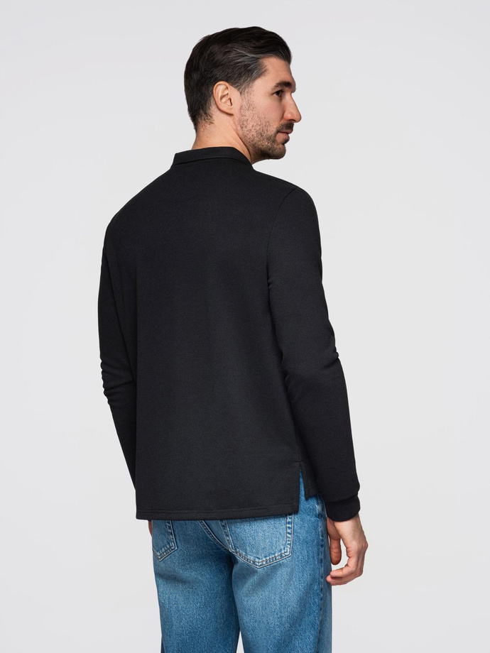 Polo bărbătesc structurat cu mânecă lungă și patch-uri - negru V1 OM-POLS-0131